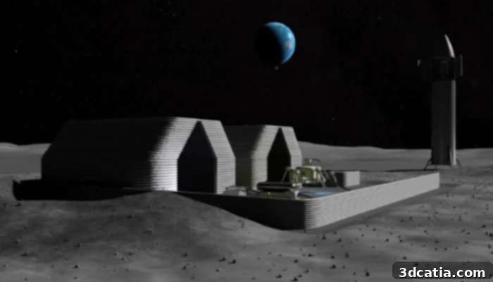 Conceptual image of Charlotte robot constructing a structure on a lunar surface or in a space environment, demonstrating its versatility and ability to use local materials.