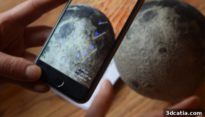 AstroReality app displaying lunar mission landing sites and crater info