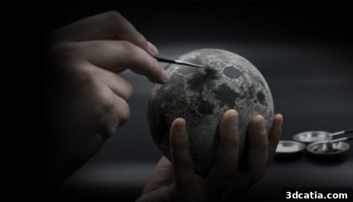 Close-up of hand-painted AstroReality LUNAR models showcasing surface detail
