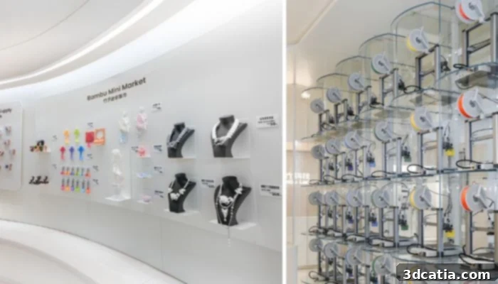 Inside the Bambu Lab retail store, featuring the Mini Market with a variety of 3D printed products for sale and a comprehensive display of Bambu Lab's 3D printers for customer interaction.