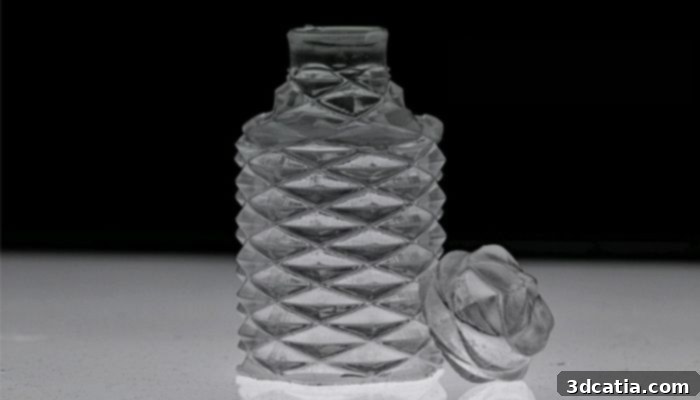 An example of a 3D printed glass bottle produced by Glassomer, demonstrating the company's ability to create complex and visually appealing glass designs.