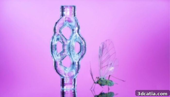 A highly detailed 3D-printed trifurcated microtubule model, crafted from glass using micro-CAL technology, displayed next to a mosquito for scale, emphasizing its minute size and intricate structure.