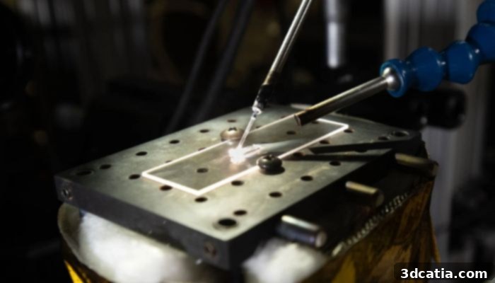 The innovative 3D printing method developed by the University of Notre Dame, using a CO2 laser to deposit molten glass onto a substrate, demonstrating controlled formation of glass structures.