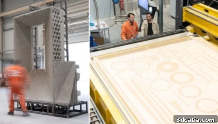 3D printed facade element using SCA process (left) and the selective cement activation technology (right).