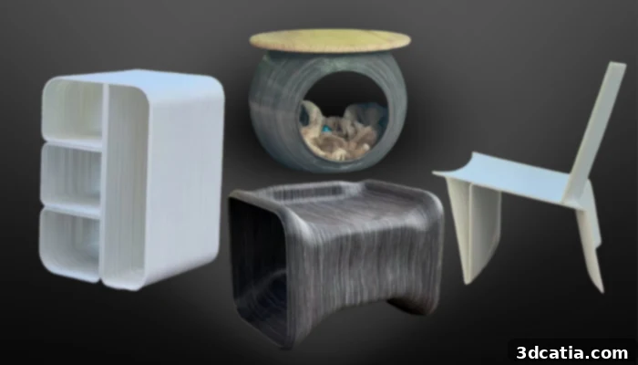 Examples of Thrōn Made's 3D printed furniture collection, including the Minima Shelf, Laakito Chair, Mascota Cat Home, and Bergsto Chair.