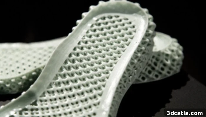Close-up of the 3D printed sole of the Adidas Futurecraft 4D, highlighting its intricate design and material properties.