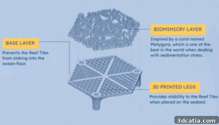 The biomimicry layer sits on top of 3D printed legs that prevent the tiles from sinking into sand. (Photo Credit: Archireef)