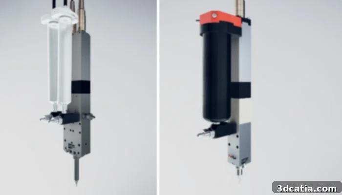 ViscoTec vipro-HEAD printheads, showing a two-component model on the left and a high-temperature version on the right, suitable for various medical additive manufacturing applications.
