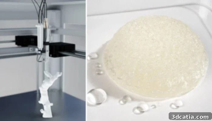 Left: A visualized representation of the vipro-HEAD medical grade in the 3D printing of a silicone aorta model (Image source: ViscoTec). Right: Hydrogel-based, resorbable breast implants manufactured using ViscoTec 3D print heads, illustrating applications in regenerative medicine (Image source: Healshape).