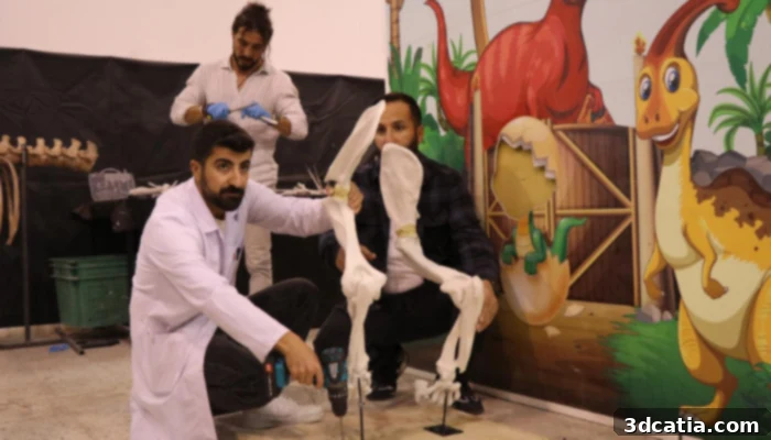 Researchers meticulously assemble 3D printed fossil parts with original bones for a complete skeleton mount in Kayseri.