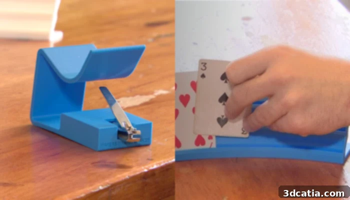 A selection of the innovative assistive devices created by Nicolas Vaagen, featuring an adaptive fingernail clipper designed for ease of use and ergonomic card holders for enhanced grip, highlighting practical accessibility solutions.
