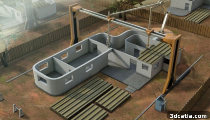 3D printing in construction showing a large concrete printer