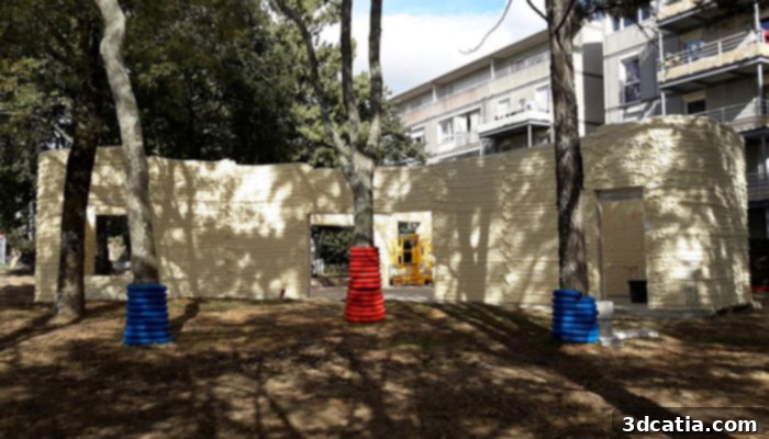3D printing construction showing a finished 3D printed house