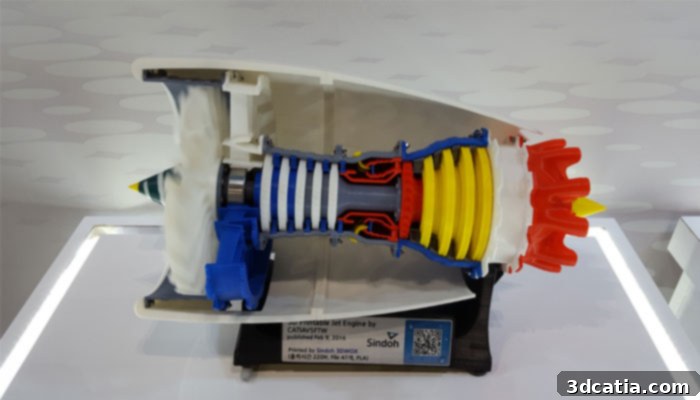 A 3D print of a jet engine by Sindoh, showcasing intricate details and advanced manufacturing capabilities