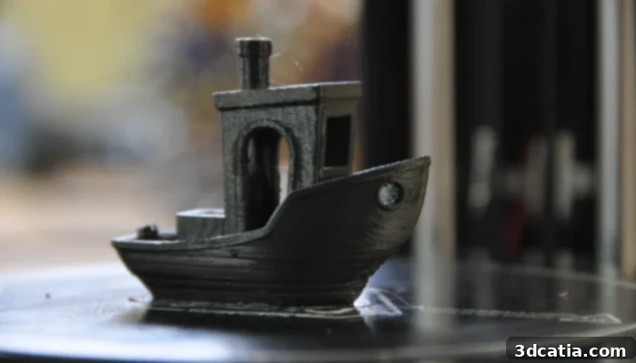 Detailed view of a 3D Benchy printed at 200 microns on the MicroDelta Rework