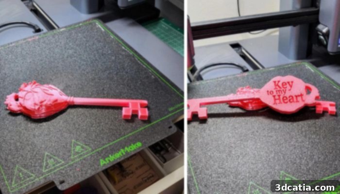 3D printed key to my heart with anatomical heart design