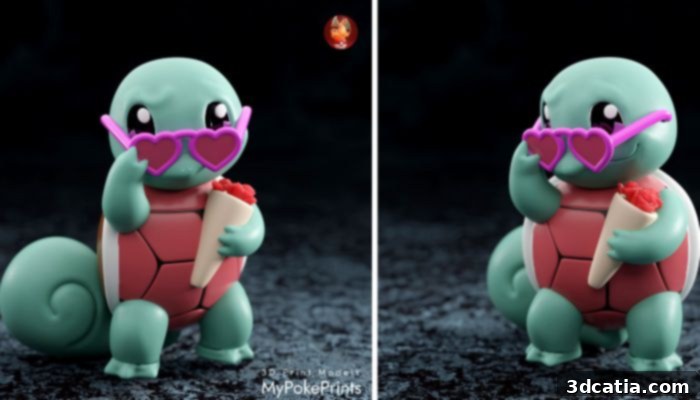 3D printed Valentine Squirtle with flowers and heart sunglasses
