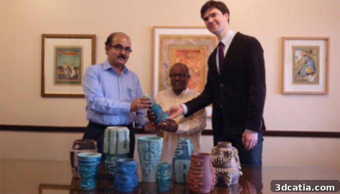 Mr. Mukherjee (CSMVS Director), BR Pandit (artist), and Simon Rein (Program Director, Google Arts & Culture) observing the 3D printed vases.