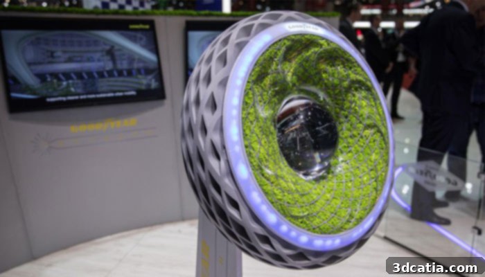 Close-up of the Goodyear Oxygene tire showing its innovative 3D printed structure and smart features