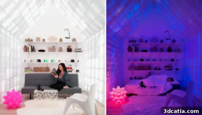 Interior of The Cabin of Curiosities showing translucent walls and 3D printed decor.
