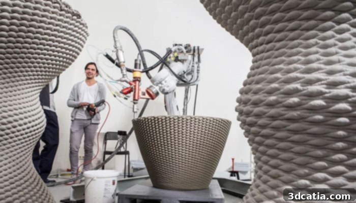 Detailed view of Incremental3d's advanced 3D concrete printing technology in action
