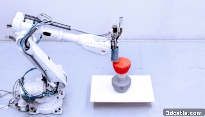 Robotic arm manufacturing a Ross Lovegrove stool with 3D printing.
