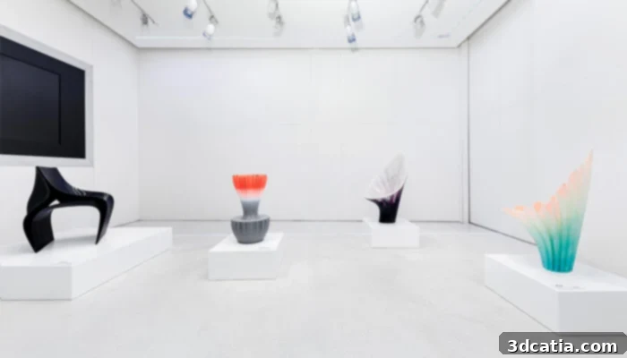 Nagami's 3D printed chairs displayed at the Milan Design Fair.