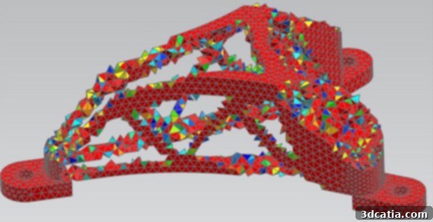Topology optimisation example showing a 3D model before and after material removal, resulting in a lighter structure.