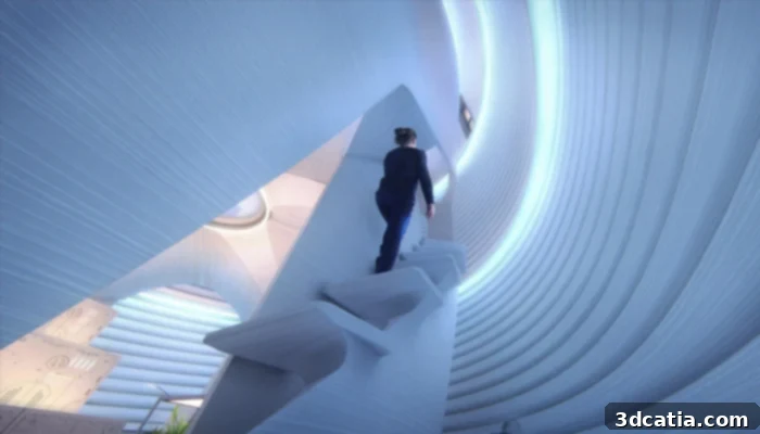 Interior view of a 3D printed Mars habitat, designed for optimized living