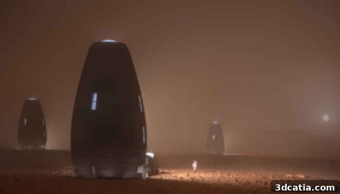 Visual representation of humans living on Mars, enabled by advanced habitat technology