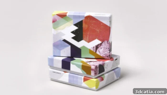 Universal Favorite Complements chocolate packaging, featuring geometric design elements and vibrant colors