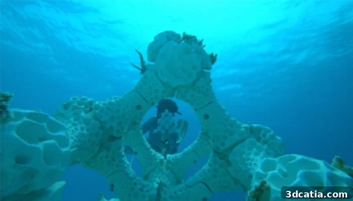 Digital Reef Takes Root in Indian Ocean 3 Underwater image of divers assembling 3D printed coral reef modules