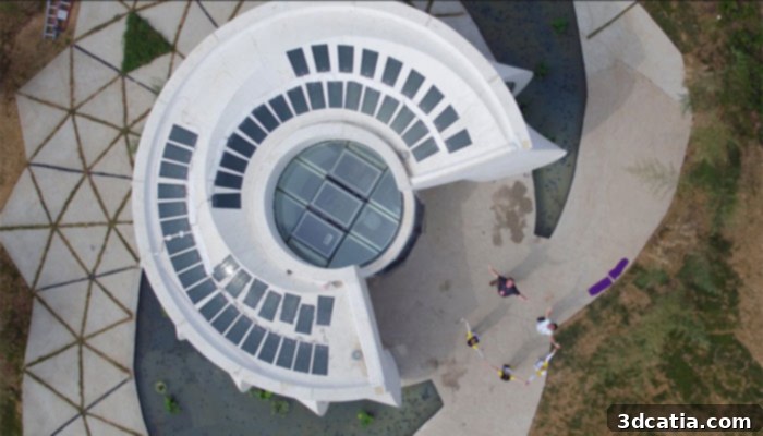 Aerial view of the Lotus House, a 3D printed solar dwelling inspired by the lotus flower's organic form and designed for extreme energy efficiency.