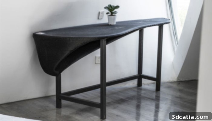 Interior view of the Lotus House, featuring a uniquely designed table that was also created using 3D printing technology, demonstrating the versatility of additive manufacturing in home furnishings.