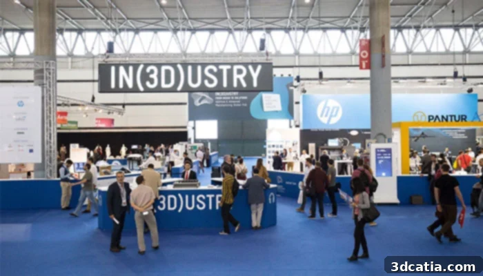 IN(3D)USTRY Third Edition The 3D Printing Ecosystem Summit 3 Overview of the IN(3D)USTRY exhibition floor, showcasing various industrial 3D printing solutions.