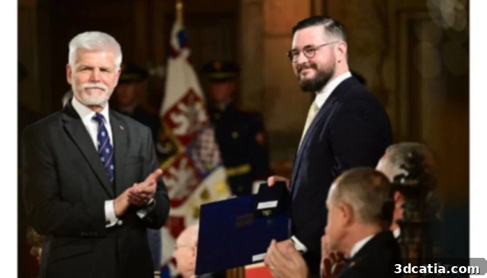 Josef Průša receiving the Medal of Merit from Czech President Petr Pavel