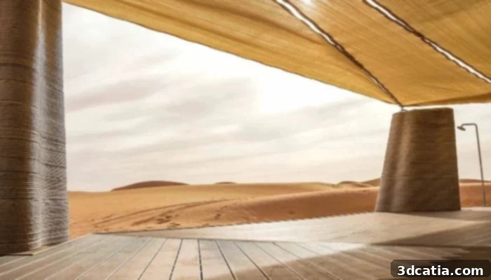 3D-printed modules opening onto a shared terrace in the desert.
