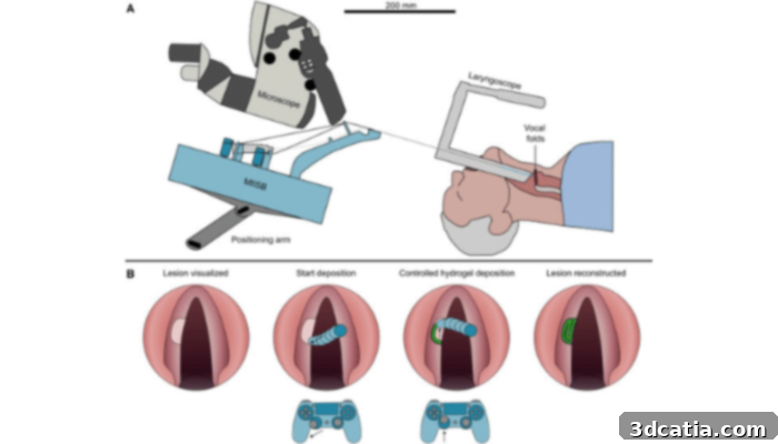 Schematic overview of suspension laryngoscopy with the MIISB, a miniature in-situ bioprinter designed for vocal cord repair, inspired by an elephant's trunk.