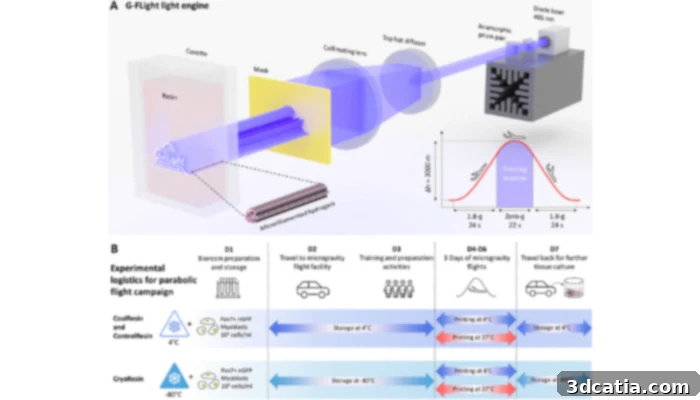 Diagram of the G-FLight bioprinting system and workflow, showing laser-based printing of bioresins and the experimental process used during parabolic flight.