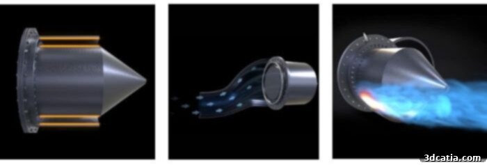 A cross-section illustration of a ring-shaped rotating detonation engine chamber, showing the flow of air and fuel and the propagating detonation wave.