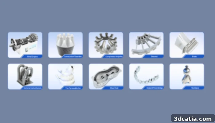 A selection of industrial and aerospace components produced with GLB’s metal 3D printing systems, showcasing precision and complexity.