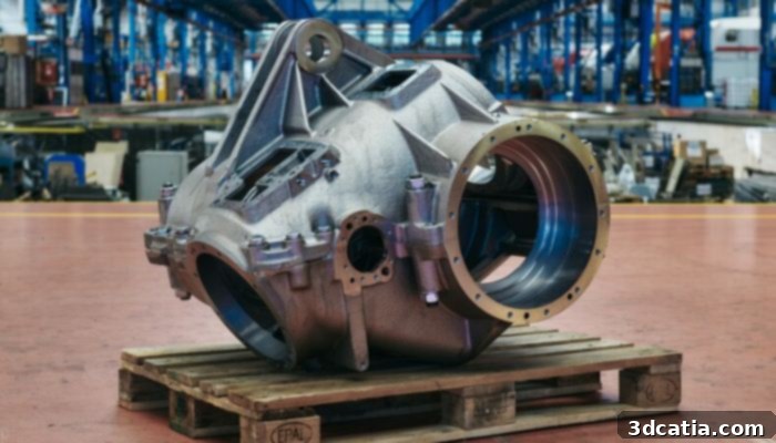 A 3D printed 540 kilogram gearbox housing used for DB's shunting locomotives, showcasing the scale of additive manufacturing applications.