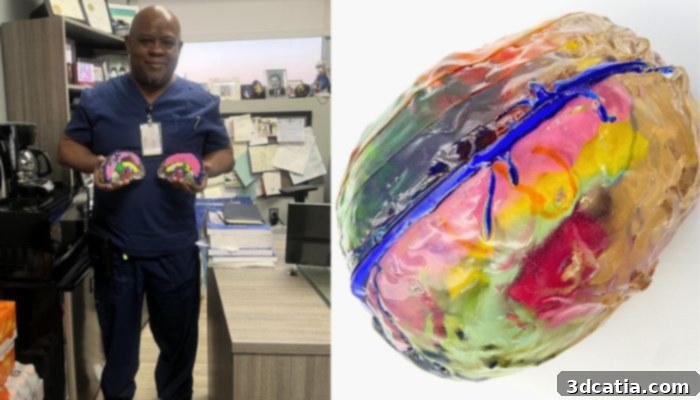 Dr. Marcus Ware, attending neurosurgeon at Ochsner Health, holding the 3D-printed brain model used for surgical planning
