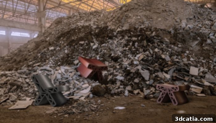 Construction waste is gathered on site for recycling and 3D printing.