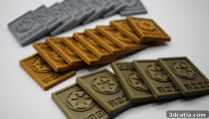 Several 3D printed replicas of Imperial Credits from Star Wars in a metallic finish