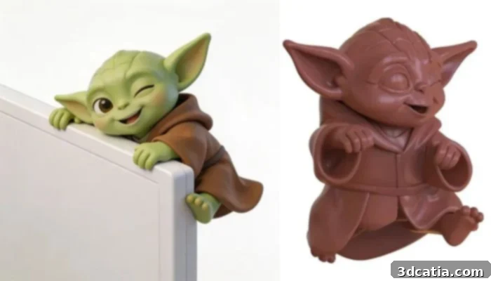A small, cute 3D printed Grogu figure clinging to the top of a computer monitor