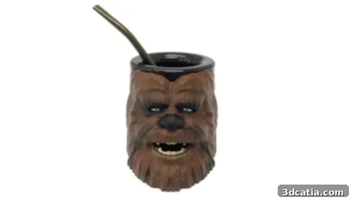 A 3D printed cup shaped like Chewbacca from Star Wars