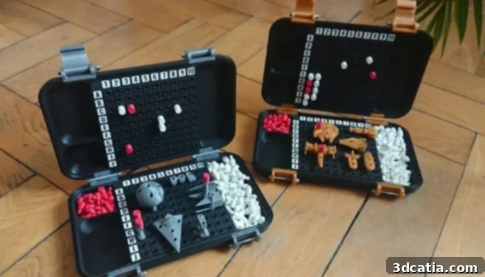 A 3D printed Star Wars themed board game similar to Battleship, with ship pieces and a case