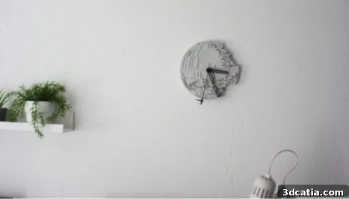 A 3D printed wall clock shaped like the Death Star from Star Wars