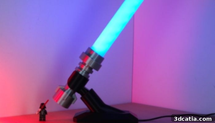 A large, 3D printed lightsaber that functions as a lamp with a glowing blade